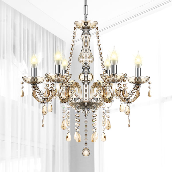 Ridgeyard 6 Ligths Crystal Candle Style Chandelier Cognac Color Pendant Light