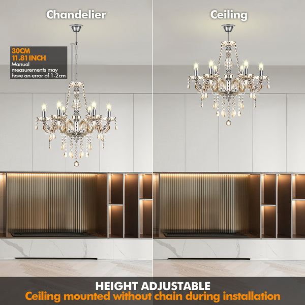 Ridgeyard 6 Ligths Crystal Candle Style Chandelier Cognac Color Pendant Light
