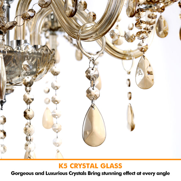 Ridgeyard 6 Ligths Crystal Candle Style Chandelier Cognac Color Pendant Light