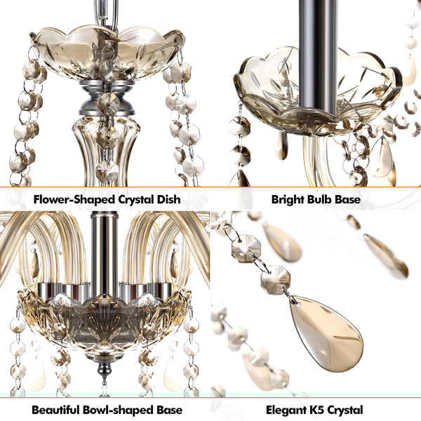 Ridgeyard 6 Ligths Crystal Candle Style Chandelier Cognac Color Pendant Light