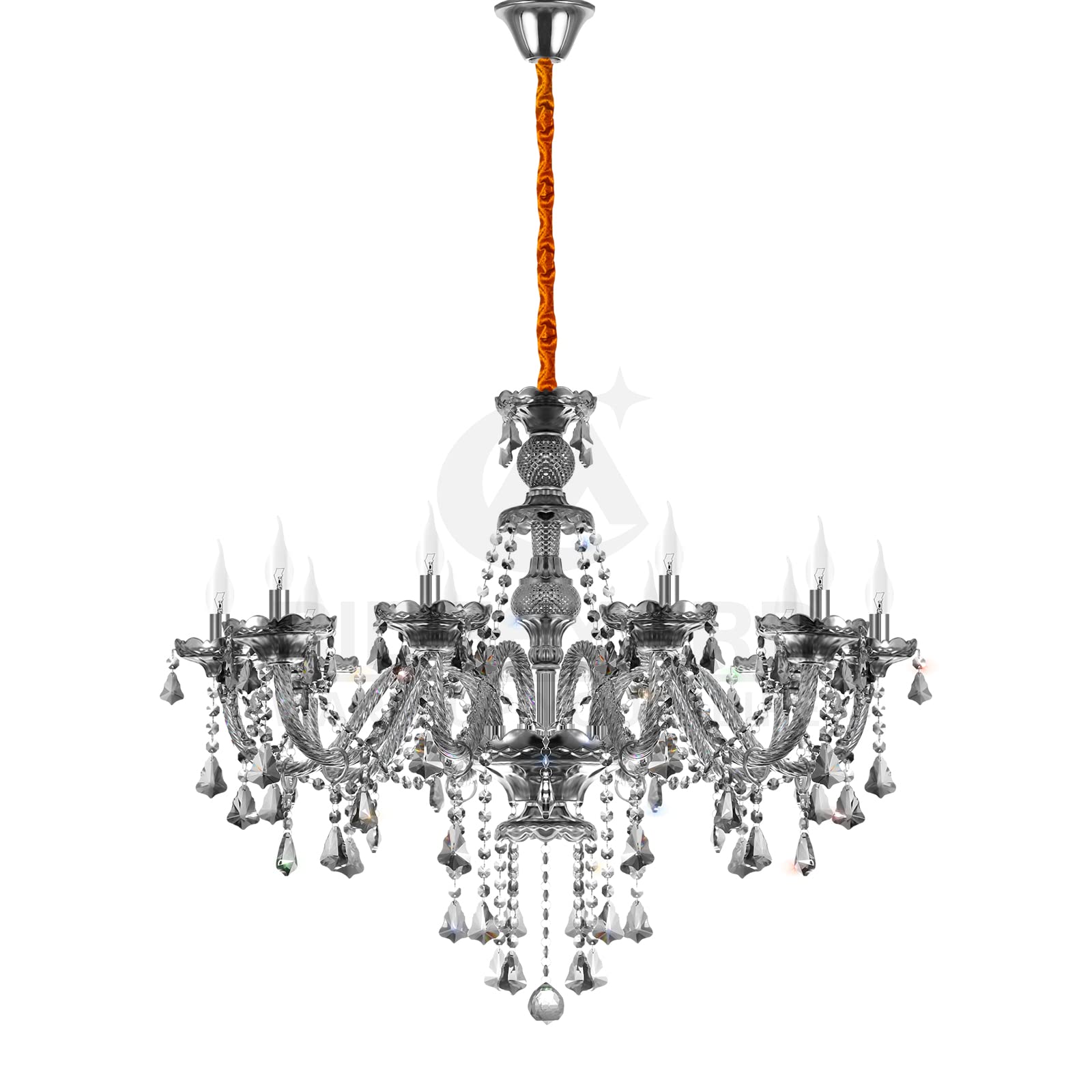 Ridgeyard 10 Lights Crystal Chandelier Candle Style Ceiling Pendant Luxury Light Fixture for Living Room Dining Room Bedroom Hall Balcony, Grey