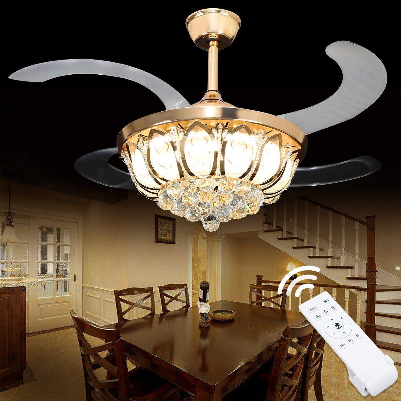 Ridgeyard 42" Crystal Ceiling Lamp Fan Light (Gold)-Ridgeyard-